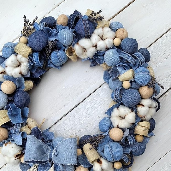 Blue and White Wreath, Beautiful Farmhouse Wreath for Mantel, Staircase, Home, Wall, Window, Front Door, Gift(16 inches)